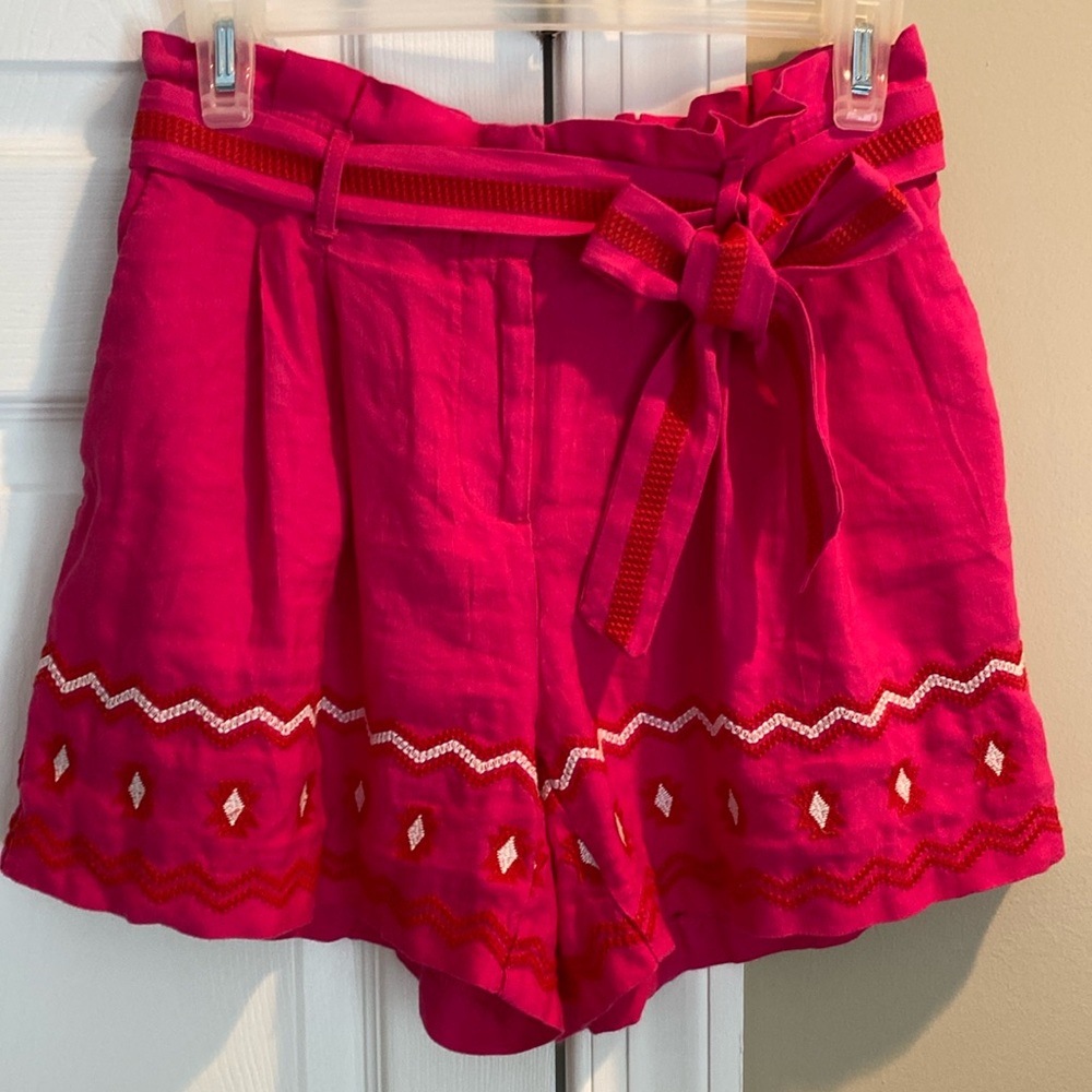 LOFT Linen Aztec High Waisted Belted Paper Bag Embroidered Shorts Pink Red White - Picture 6 of 13